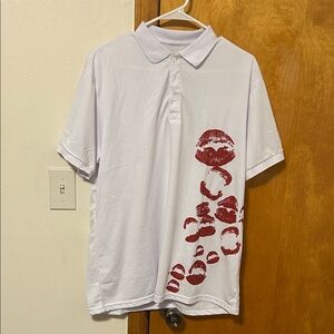 Trendy White Polo Shirt with Red Lip Print